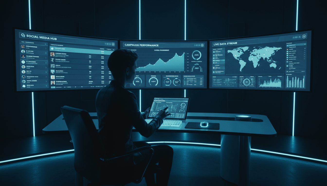 Creative professional monitoring social media analytics and campaign performance metrics on illuminated digital displays Creative professional monitoring social media analytics and campaign performance metrics on illuminated digital displays